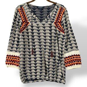 Lucky Brand Top Womens XS Beige/Navy Cotton Linen Embroidered Peasant Pullover